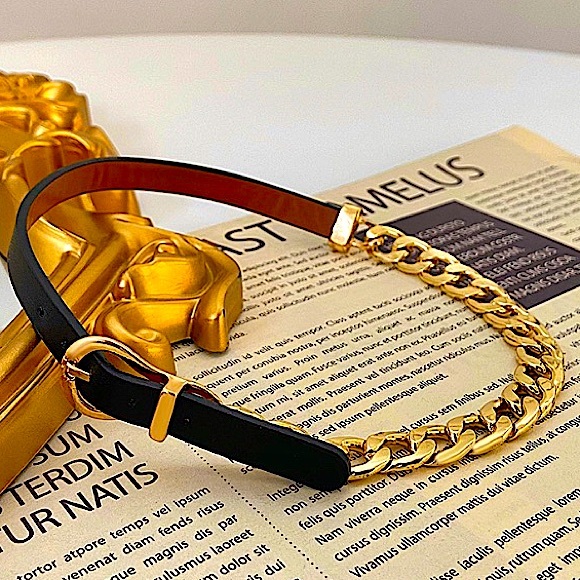 Gold Buckle Cuban Chain Link Leather Choker - Picture 7 of 11